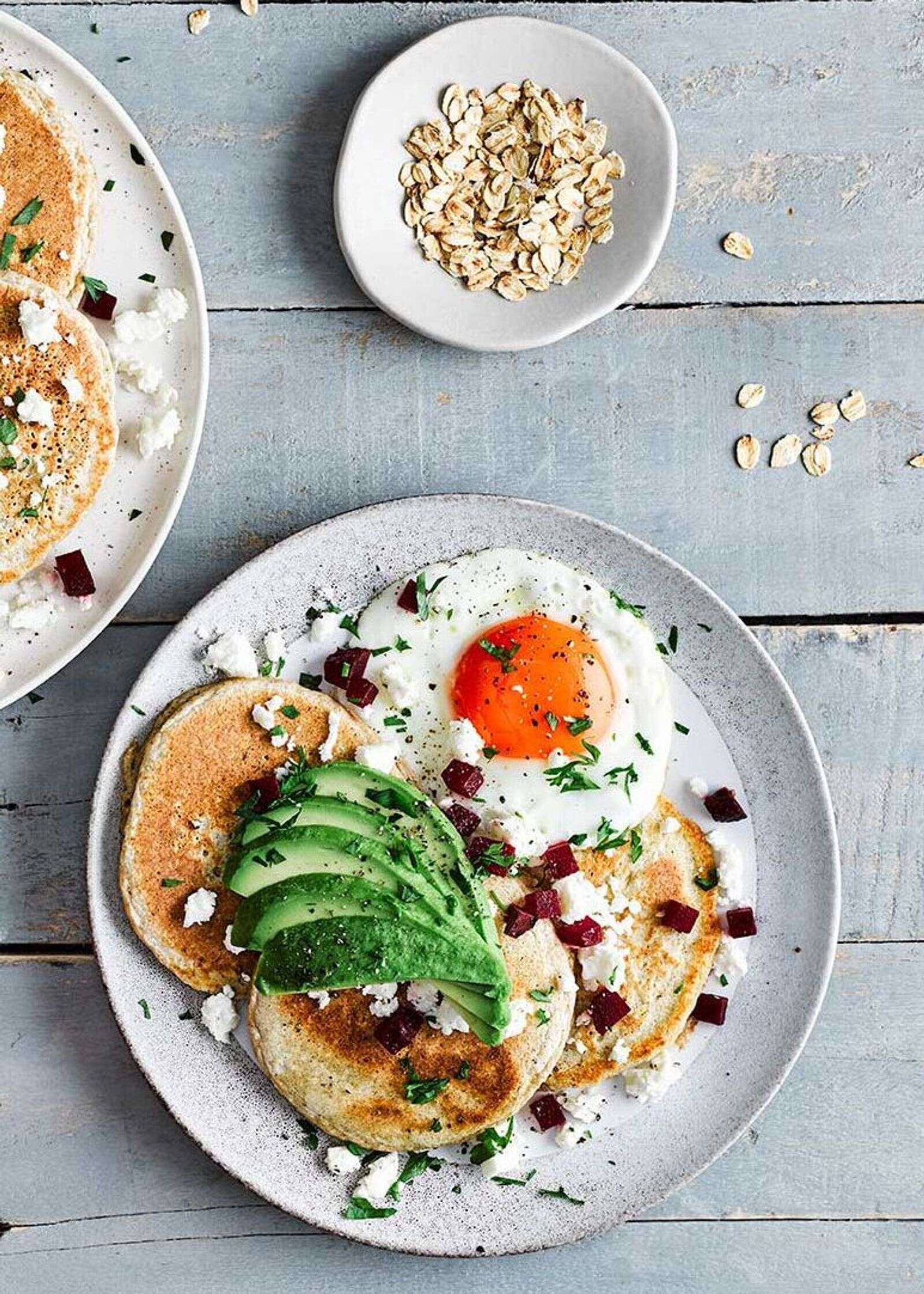 Savoury oat pancake stack with avocado, beets and feta Business Post